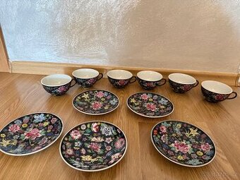 Vintage čínská rodinná Noire Mille Fleur porcelánová sada