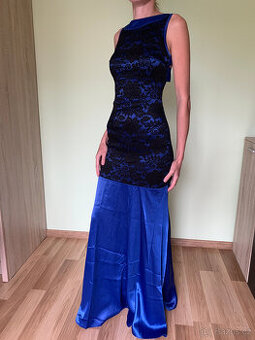 Saténové dlouhé šaty s krajkou, modré, vel.S/M