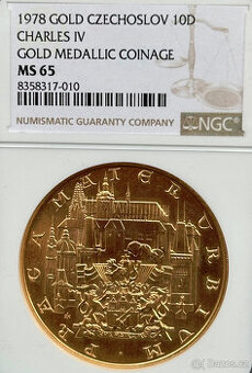 Zlatý 10 dukát Karel IV. 1978 NGC MS65