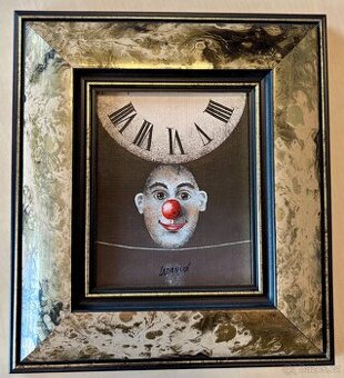 Ladianská – Klaun a čas, orig. olej na plátně 18,5×20,5 cm