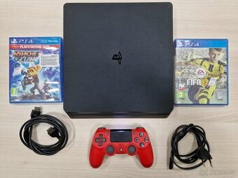 Playstation 4 slim + dvě hry + kabeláž