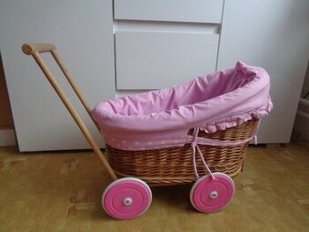Luxusní proutěný kočárek pro panenky-růžový s puntíky-levně