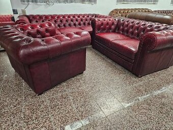 CHESTERFIELD ŠTÝL,BORDOVO-ČERVENÁ KOŽENÁ SEDAČKA 3+2+1