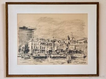 Kresba uhlem Engelman 1980, městské nábřeží, Amsterdam