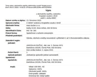 Obchodní podíl ve výši 100% ve společnosti Auto Buček s.r.o.