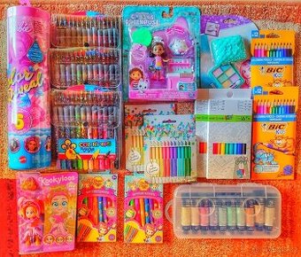 Barbie, pastelky, akrylové barvy