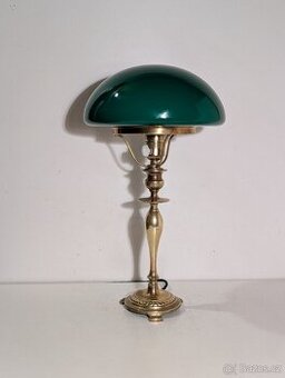 mosazná lampička, lampa, zelené stínidlo, bankéřka