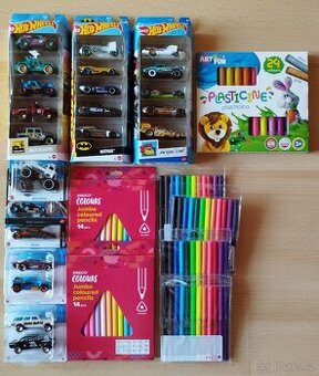 22x hot wheels autíčka, fixy, pastelky, plastelina