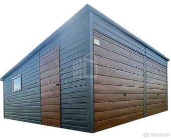 Plechova garáž 6x6m - 2x výklopná vrata - dveře - Okno
