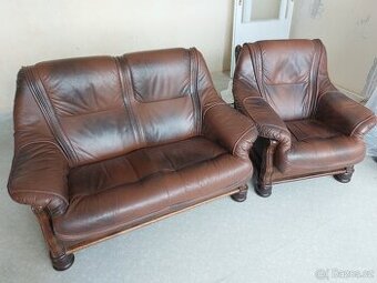 Prodám - STAROŽITNÉ, KOŽENÉ SOFA + KŘESLO