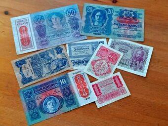 Staré bankovky Rakousko-Uherska (50, 20, 10, 2, 1 koruna)