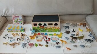 Dřevěná skříňka s tvary, kostky a zvířátka dle fotek