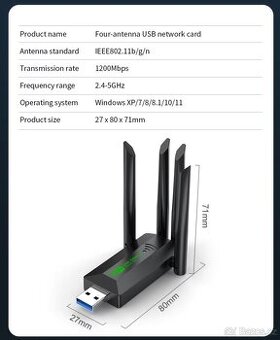 WiFi Dual Band Adaptér-USB 3, 2,4GHz,5GHz,802.11ac/a/b/g/n