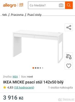 Psací IKEA stůl MICKE bílý 142x50 cm