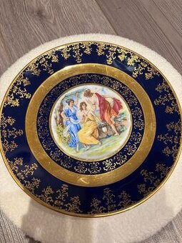Starožitný talíř Tři Grácie kobaltová modř, zdobení zlatem