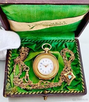 VZÁCNÉ 14K ZLATÉ KAPESNÍ HODINKY REMONTOIR S ŘETÍZKEM V ETUI