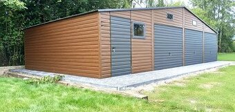 Plechová garáž 12×5,5 m – Zlatý dub tmavý „PROMETHEUS“