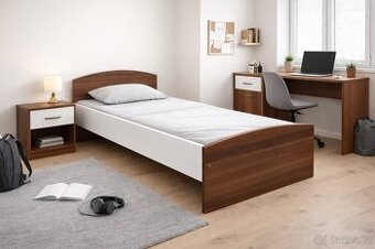 Postel 90x200 včetně matrace a roštu. Ořech/bílá