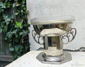 Art Deco nástolec se skleněnou broušenou mísou