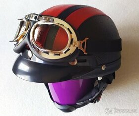 Retro helma černá- červené pruhy - 1