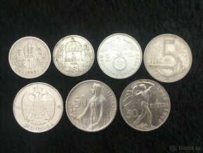 7 kusů stříbrných RU, ČSR, Německo atd., každá mince jiná