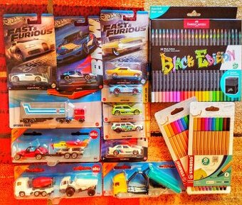 12x hot wheels a siku autíčka, pastelky, linery