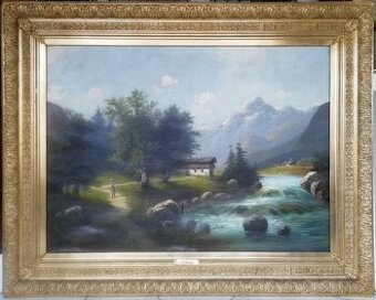 velký obraz romantická horská krajina - E. Pauly