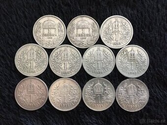11 kusů 1 korun Rakousko Uhersko, každá mince jiná