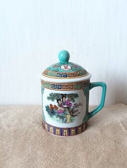 Tyrkysovo-žlutý čínský vintage hrnek s pokličkou