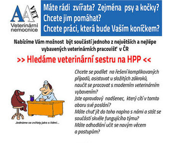 VETERINÁRNÍ NEMOCNICE PRAHA 10 PŘIJME SESTRU NA HPP