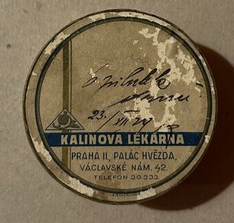 Krabička na léky z Kalinovy lekárny v Praze, 1929