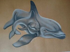 Obraz delfíni, pastel, k zarámování.