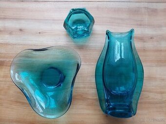 Luxusní skleněná antik váza + mísa + popelník zelené sklo
