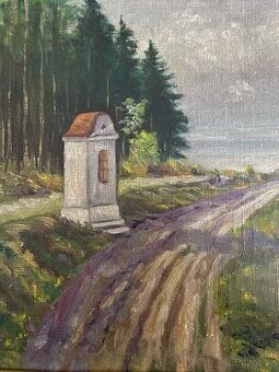 Starý obraz-olej na plátně"KAPLIČKA U LESA"