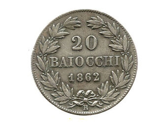 Stříbro Vatikán 20 Baiocchi 1862 papež Pius stříbrná mince