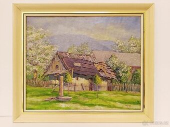 Obraz Nahodil, valašské chalupy, olej 47x55