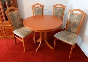 Stůl kulatý jídelní, rozkládací a 4 židle