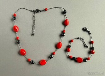 Červený náhrdelník a náramek, jablonecká bižu, nové, sleva.