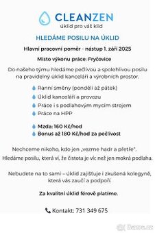 HLEDÁME POSILU NA PRAVIDELNÝ ÚKLID NA HPP.
