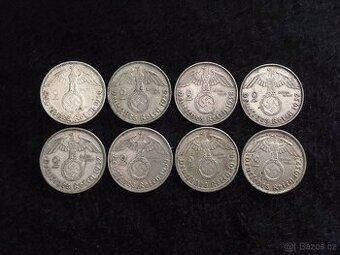 8 kusů stříbrných 2 RM, mince Třetí Říše Německo