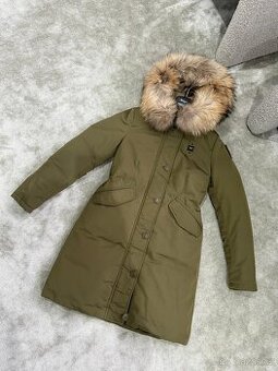 Luxusní, khaki parka/bunda s límcem - pravá kožešina