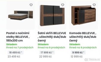 Ložnice BELLEVUE,sconto, šatní skříň,komoda,postel