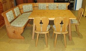 Rohová lavice+stůl + 3 židle z borovice celomasiv