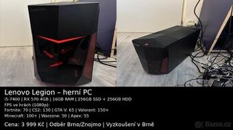 Levný herní počítač Lenovo s i5 7400 a RX 570 4GB DDR5, wifi
