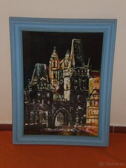 obraz - olej malba - v modrém rámu =PRAHA=51x68 v,