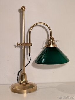 mosazná posuvná lampa, lampička, bankéřka, zelené stínidlo