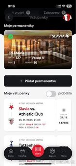 Prodám 2 vstupenky – Slavia vs. Athletic Club (Liga mistrů)