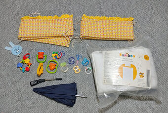 mantinely k postýlce, věci na kočárek, deka+polštář