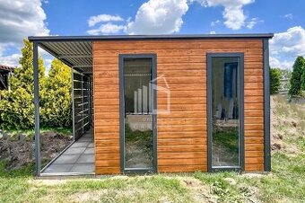 Zahradní domek 3x3m + přístřešek 1m - dveře - 2x Okno - svět