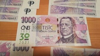Výroční bankovka 1000 Kč s přítiskem ČNB - 30 let. Top stav.